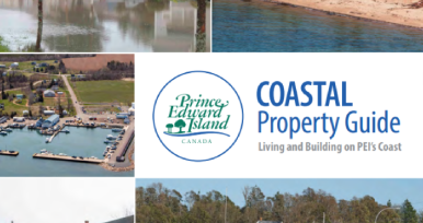 Cover of the 'Coastal Property Guide: Living and Building on PEI's Coast' with the Prince Edward Island logo, surrounded by various photos of coastal landscapes and properties