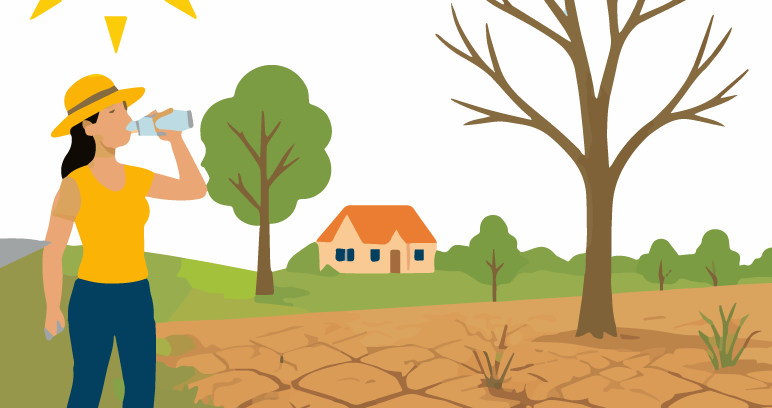 Illustration of a woman in a sun hat drinking water while standing on cracked, dry earth under a bright sun