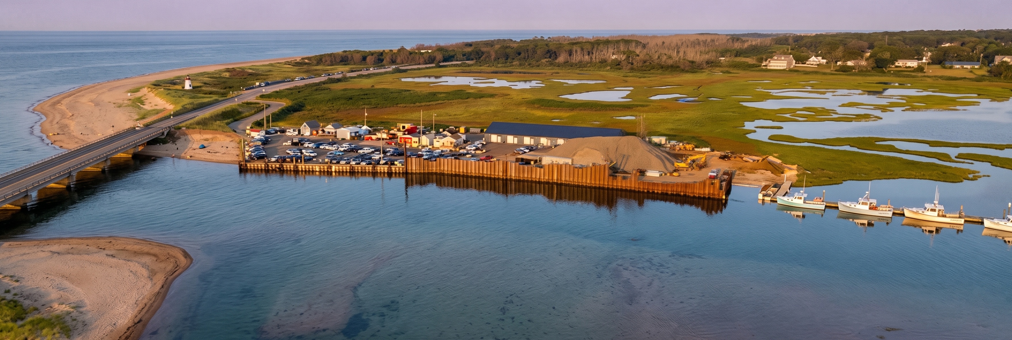 An aerial view of a coastal commercial facility and parking lot protected by a seawall, located beside an inlet with a road bridge and docked boats.